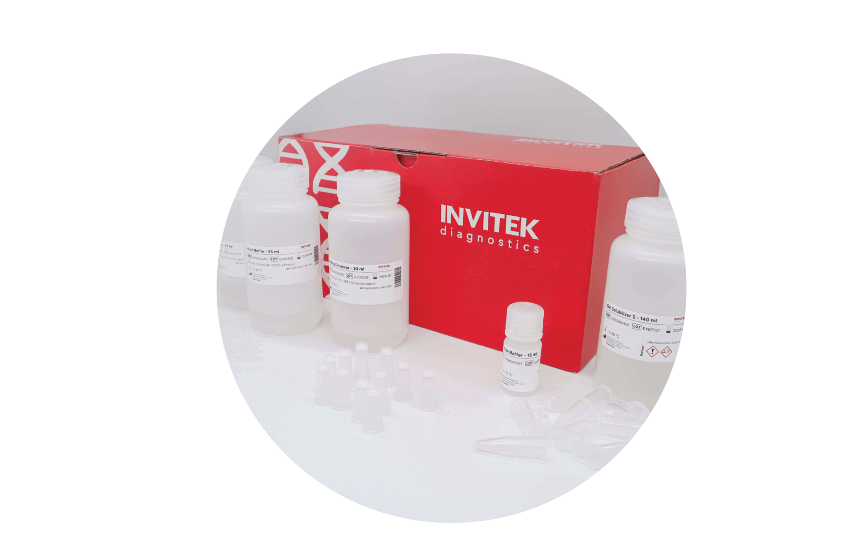 Red Invitek Diagnostics InviSorb Fragment CleanUp box behind reagent bottles with spin filters, and tubes laying scattered in front.