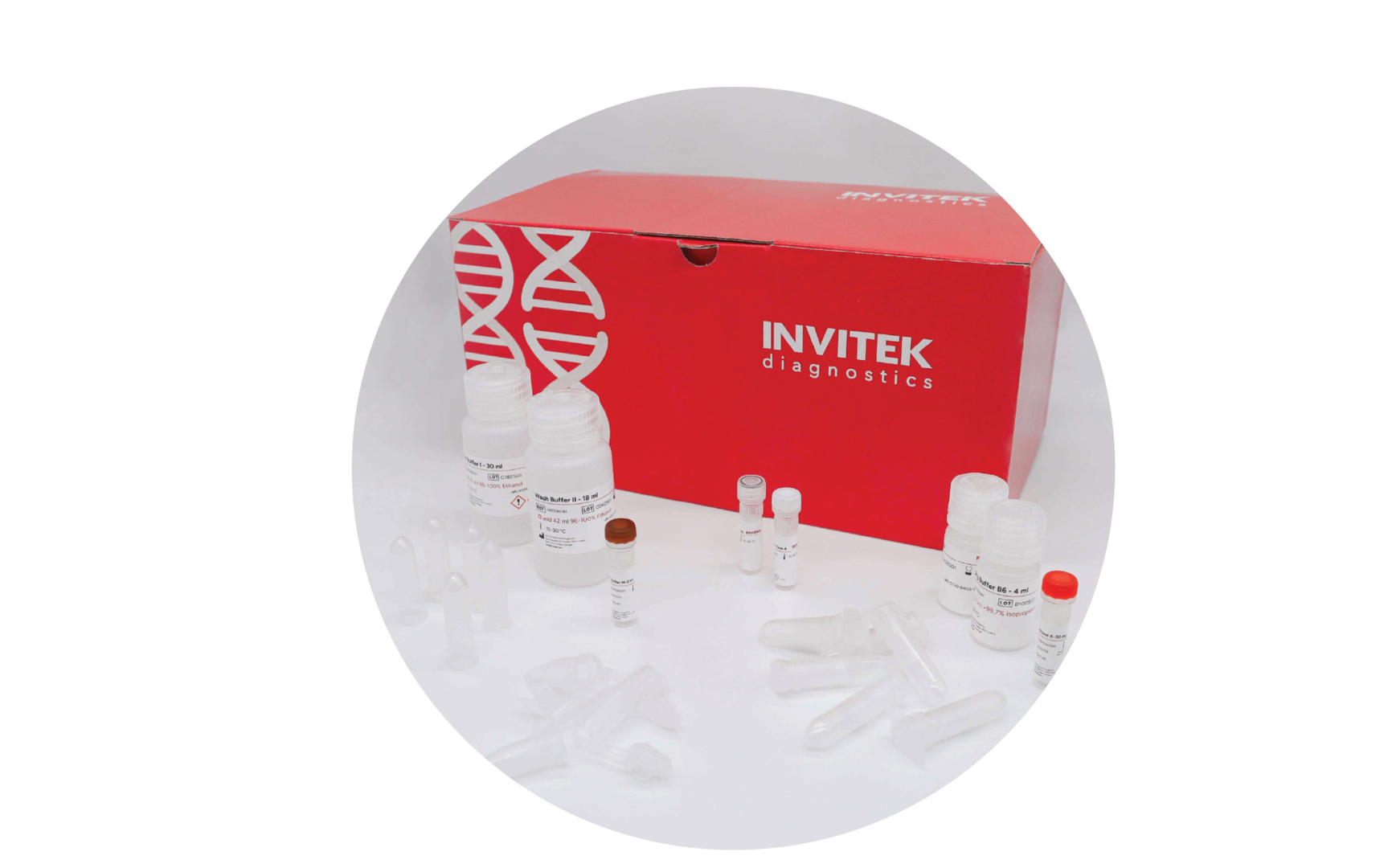 InviSorb Spin Forensic Kit: five white reagent bottles (60–70 ml) and an array of clear spin columns and conical microtubes capped in bright orange, neatly arranged on a white surface in front of a red INVITEK diagnostics box.