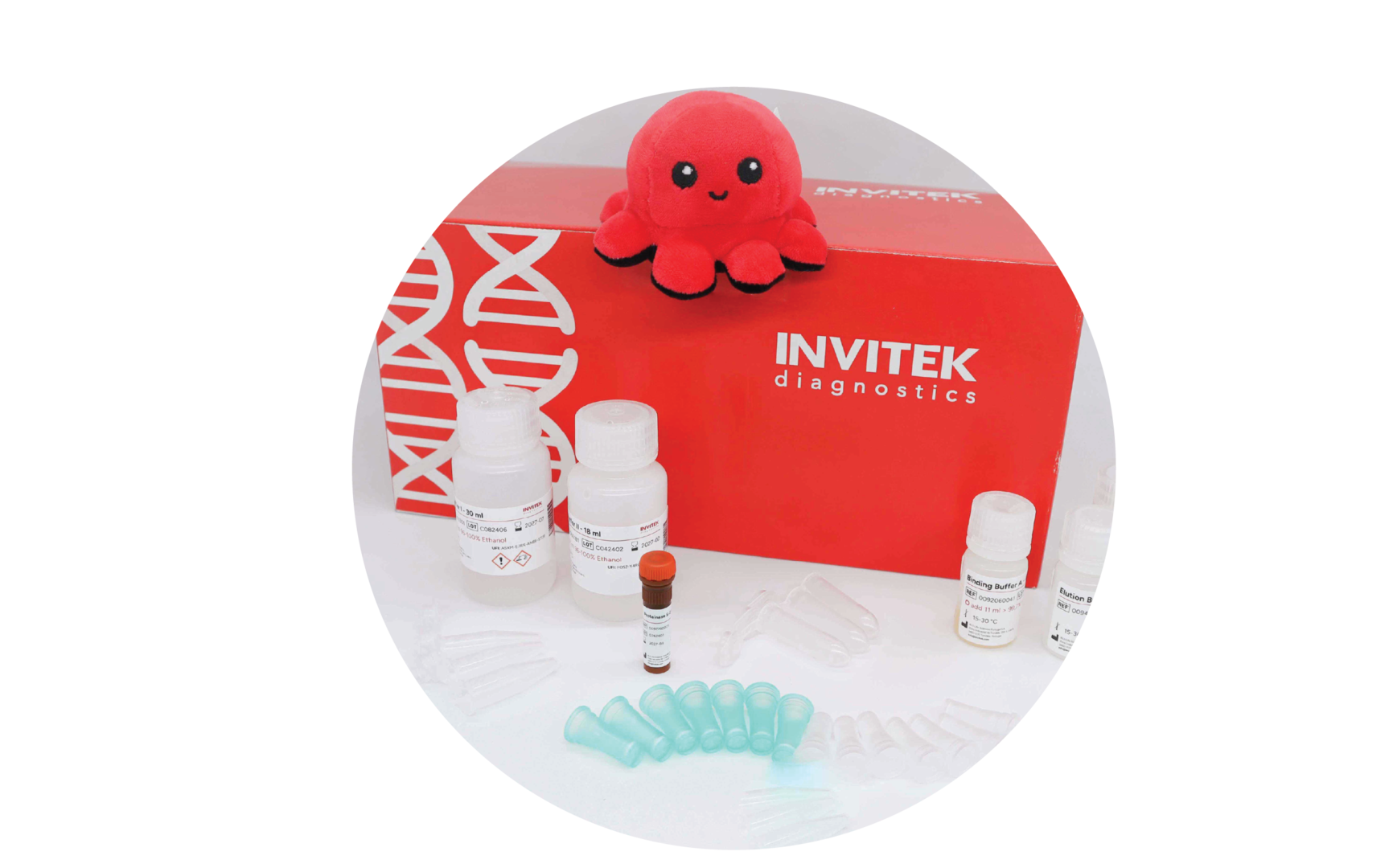 Red Invitek Diagnostics InviSorb Spin Plant Mini Kit box behind reagent bottles, and green prefilters with spin filters, and tubes laying scattered in front.