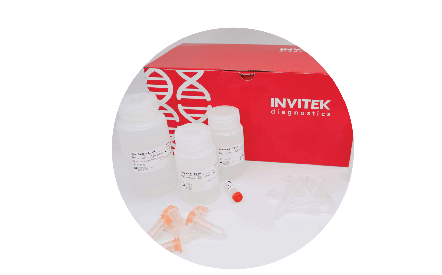 Red Invitek Diagnostics InviSorb Spin Forensic Kit box behind reagent bottles, and orange spin filters with tubes laying scattered in front.