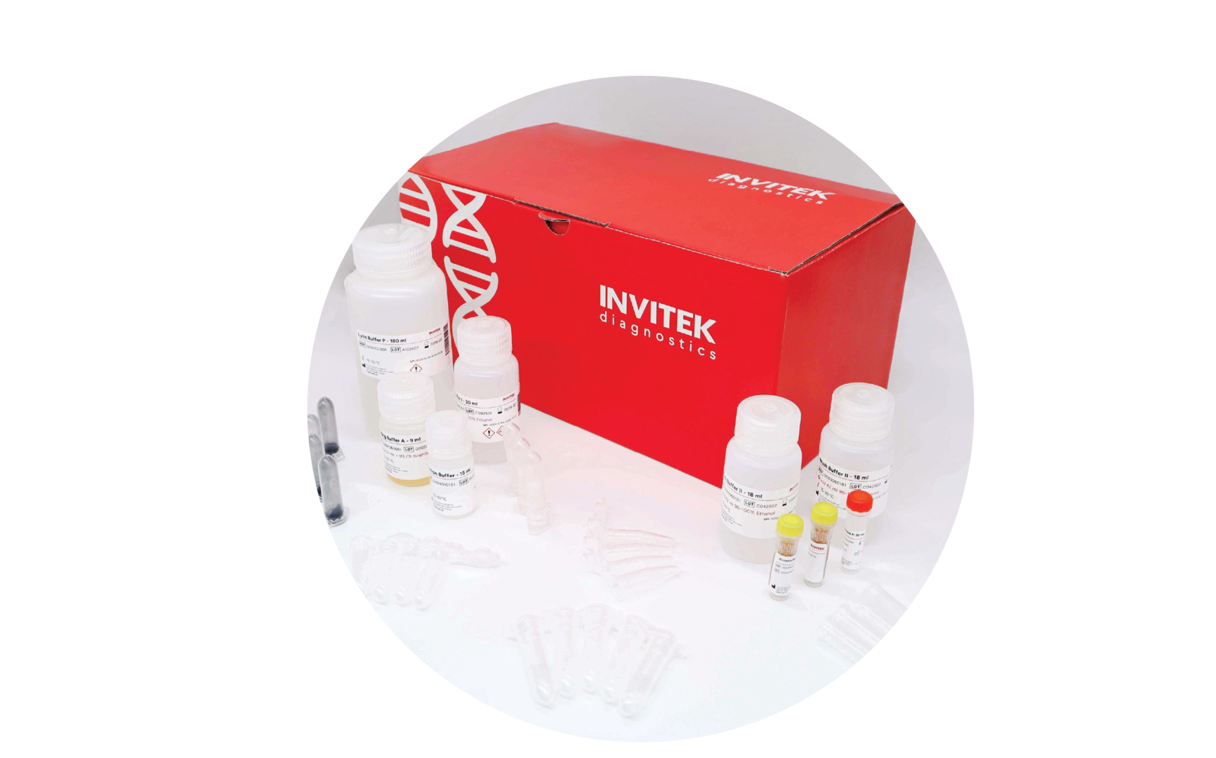 InviSorb Spin Soil Kit parts—buffer bottles, clear tubes, and bead vials—arranged before a red INVITEK box.