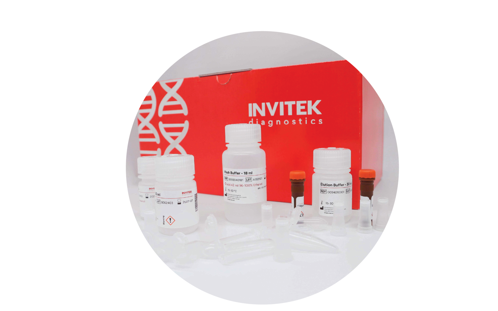 Red Invitek Diagnostics InviSorb Spin Tissue Kit box behind reagent bottles, and brown reagent vials with spin filters, and tubes laying scattered in front.