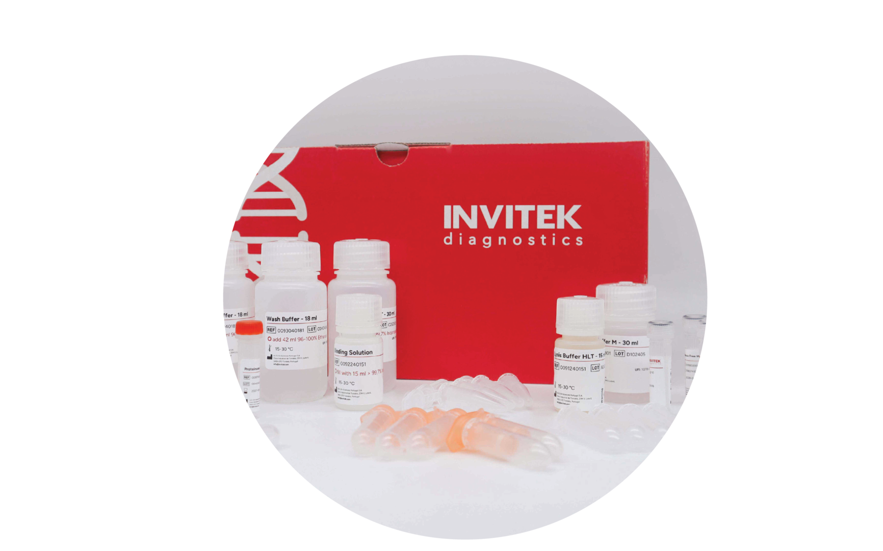 Red Invitek Diagnostics InviSorb Spin Universal Kit box behind reagent bottles, and an orange capped reagent vial with orange spin filters, and tubes laying scattered in front.
