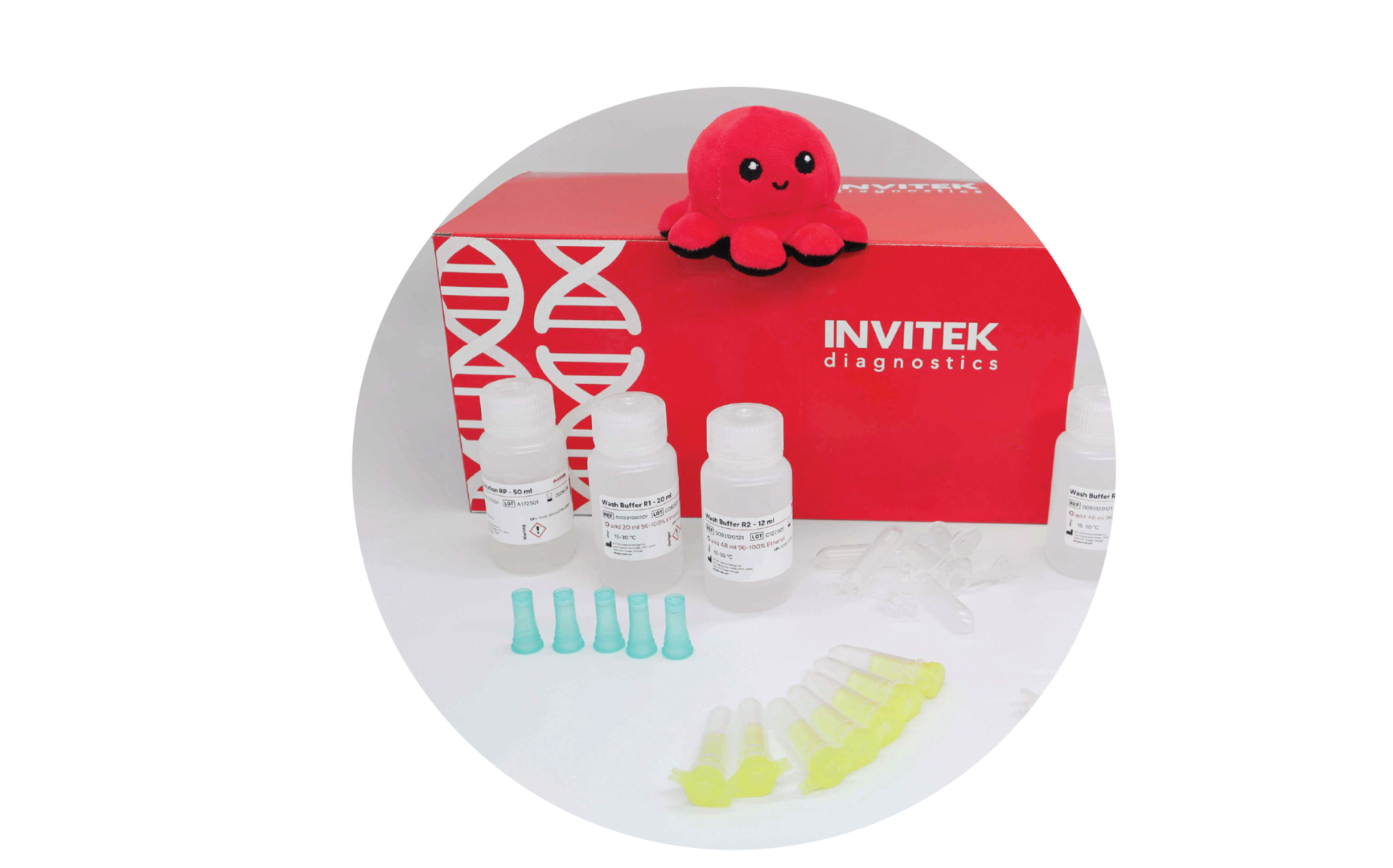Red Invitek Diagnostics InviTrap Spin Universal RNA Mini Kit box behind reagent bottles, and color-coded reagent vials with yellow spin filters, and tubes laying scattered in front.
