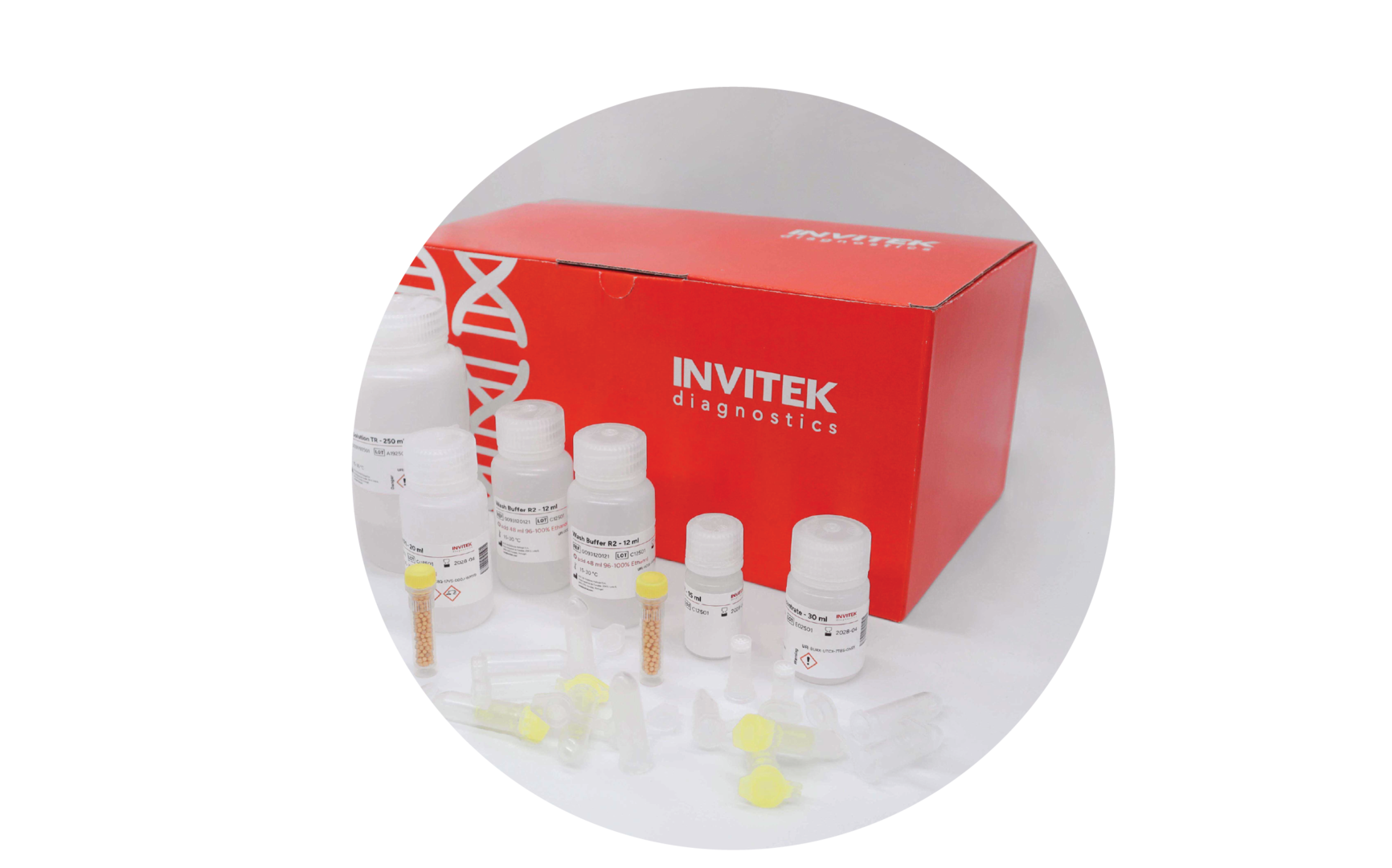Red Invitek Diagnostics InviTrap Spin Universal RNA Mini Kit box behind reagent bottles, and color-coded reagent vials with yellow spin filters, and tubes laying scattered in front.
