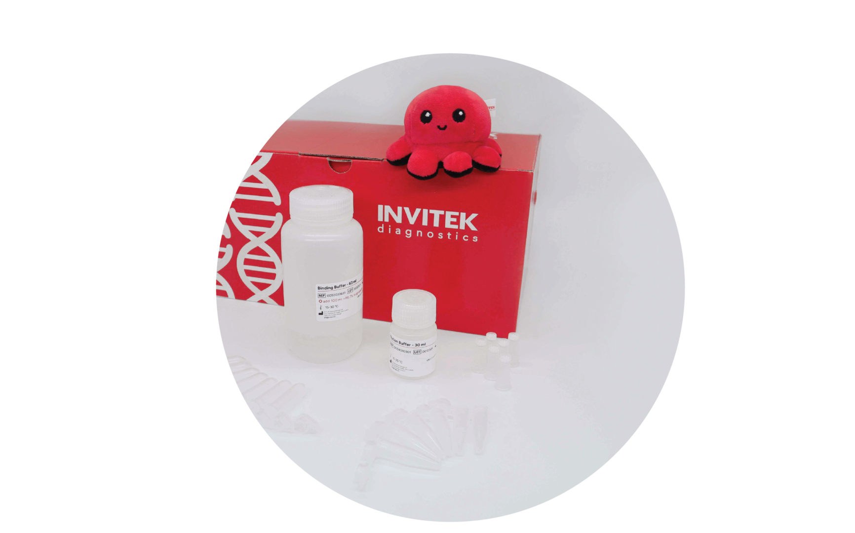MSB Spin PCRapace kit: red INVITEK diagnostics box topped by plush octopus mascot “Invi,” with a large binding-buffer bottle, small elution-buffer vial, and clear spin columns and tube strips arranged on a white surface.