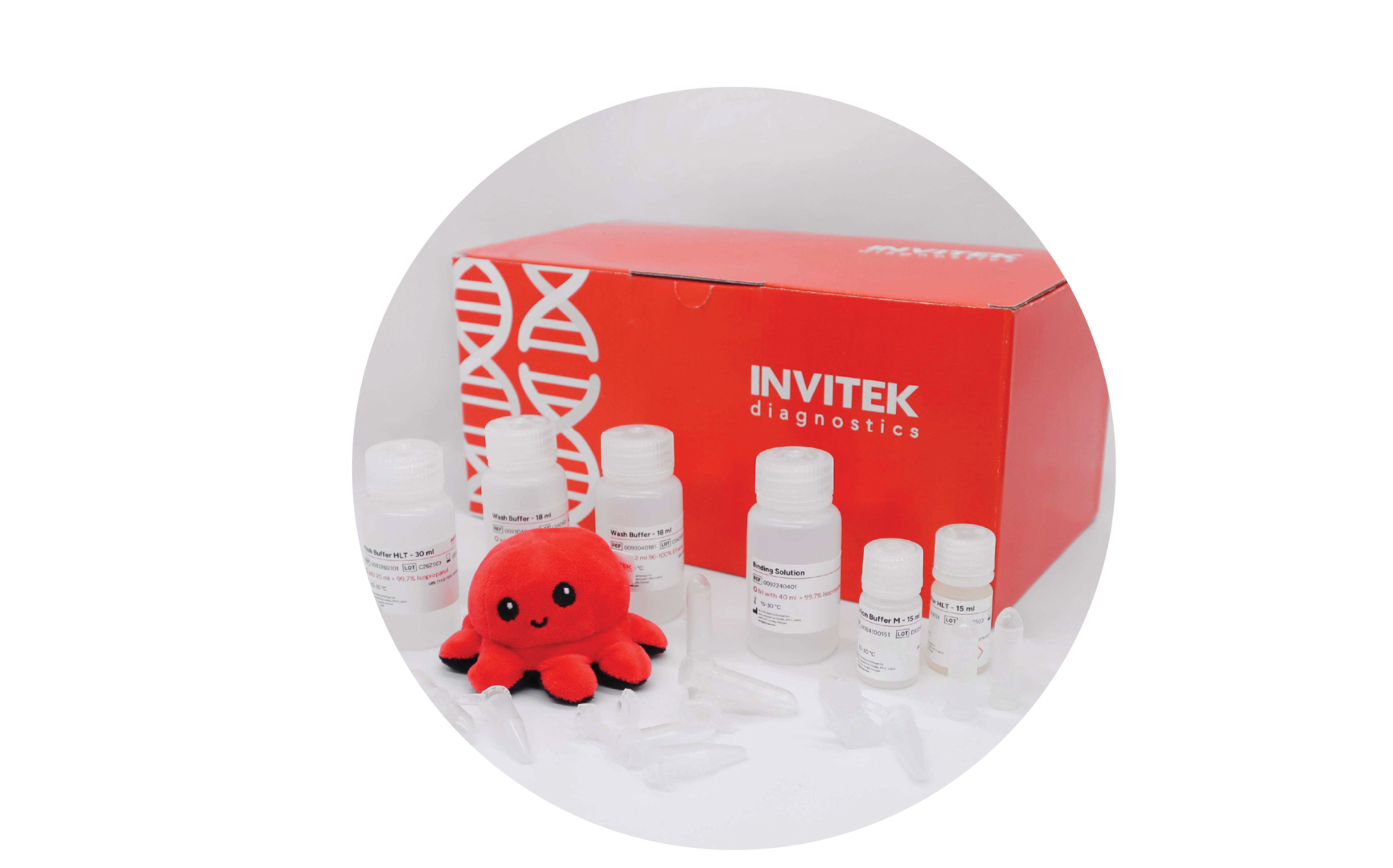 Red Invitek Diagnostics PSP SalivaGene DNA Kit box behind reagent bottles, and tubes laying scattered in front.