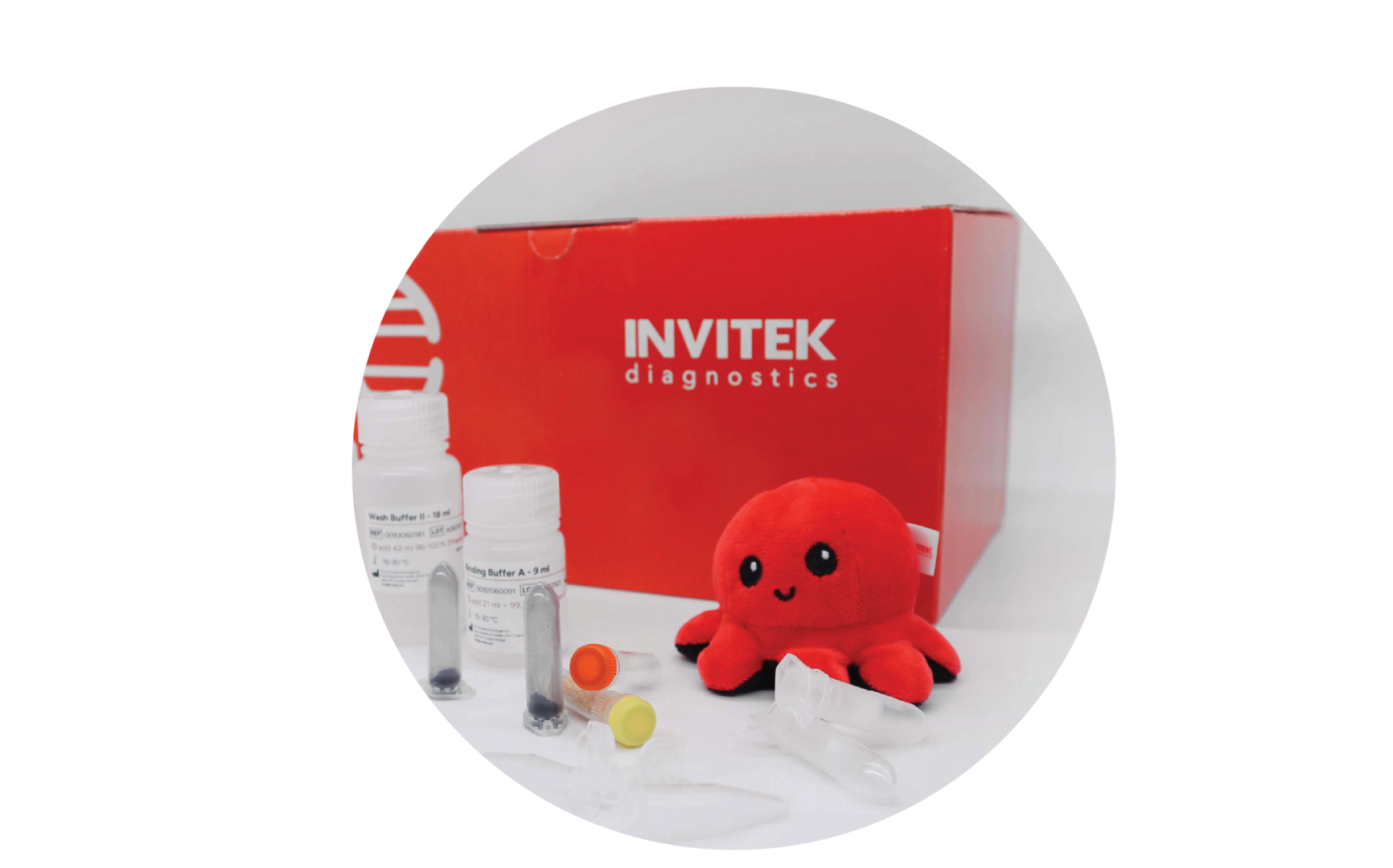 Red Invitek Diagnostics PSP Spin Stool DNA Basic Kit box behind reagent bottles, color-coded reagent vials, and tubes laying scattered in front.