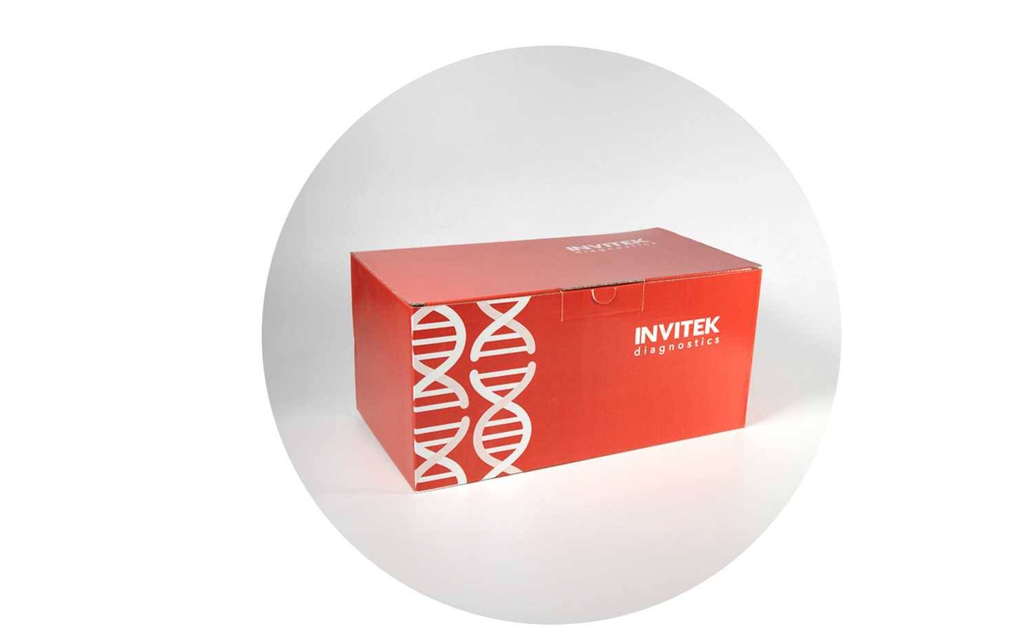 Red rectangular INVITEK diagnostics cardboard box displayed at a slight angle, centered within a soft light‑gray circular background. The box features white branding text on the front and top, along with a large white DNA double‑helix graphic on the left side, photographed on a neutral gradient surface.