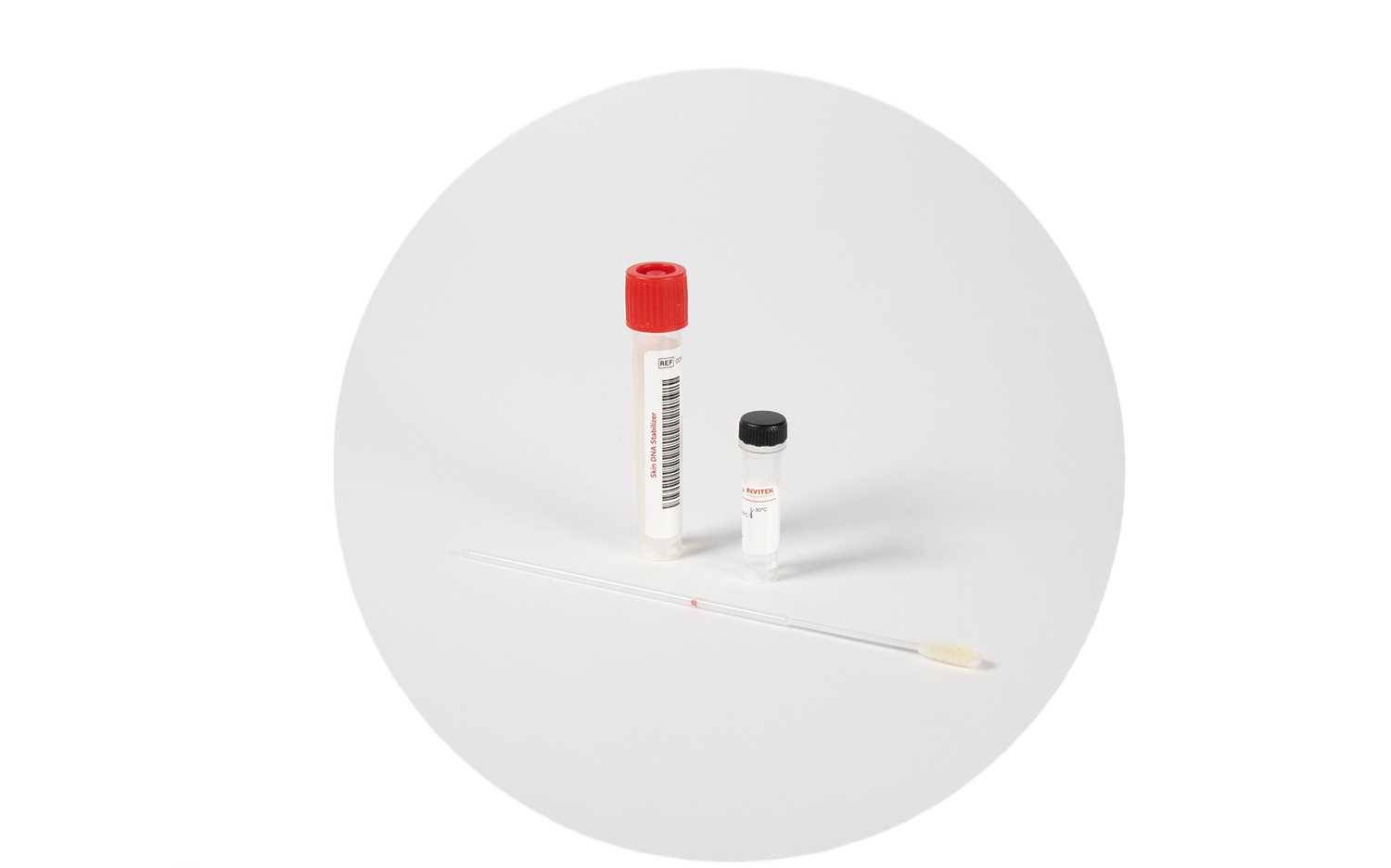 Two small laboratory sample vials on a white background, one larger clear tube with a red cap and barcode label standing upright, and a smaller clear vial with a black cap positioned slightly behind it, both casting soft shadows.