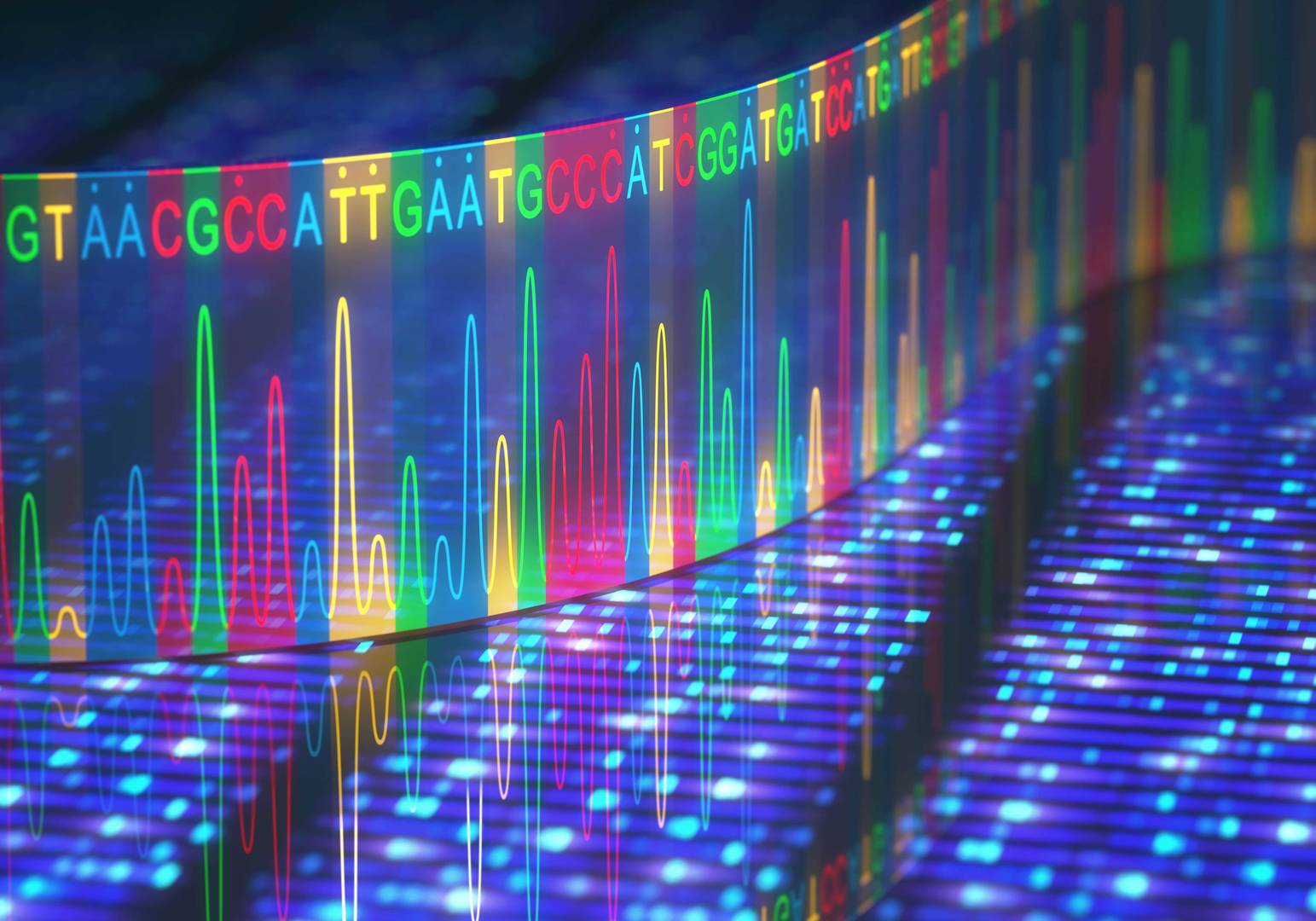 Colorful DNA sequencing data displayed as vertical bars with letters representing nucleotide bases (A, T, G, C) on a digital screen, creating a vibrant genomic pattern.