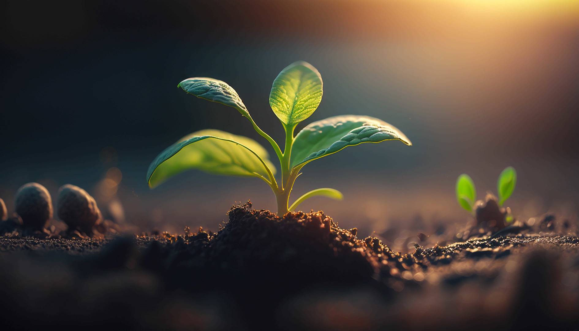 A small green seedling emerging from soil, illuminated by warm sunlight, symbolizing growth and new beginnings in nature.