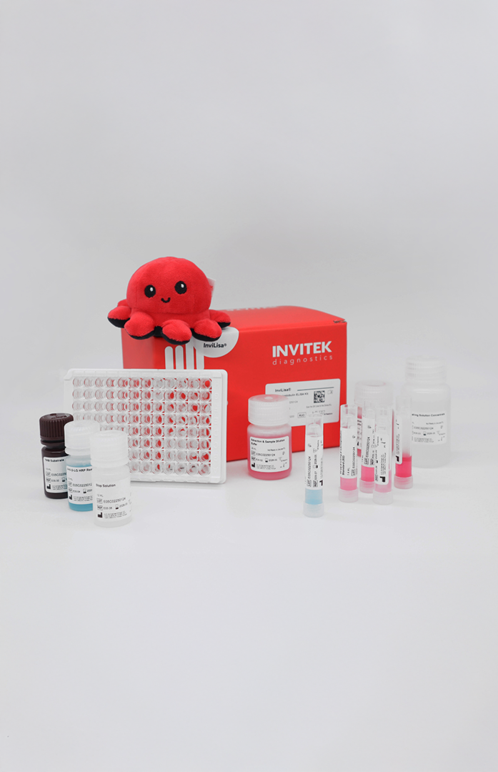 Red Invitek Diagnostics InviLisa  Kit box behind reagent bottles and an antibody-coated 96-well plate with reagent vials laying in front.