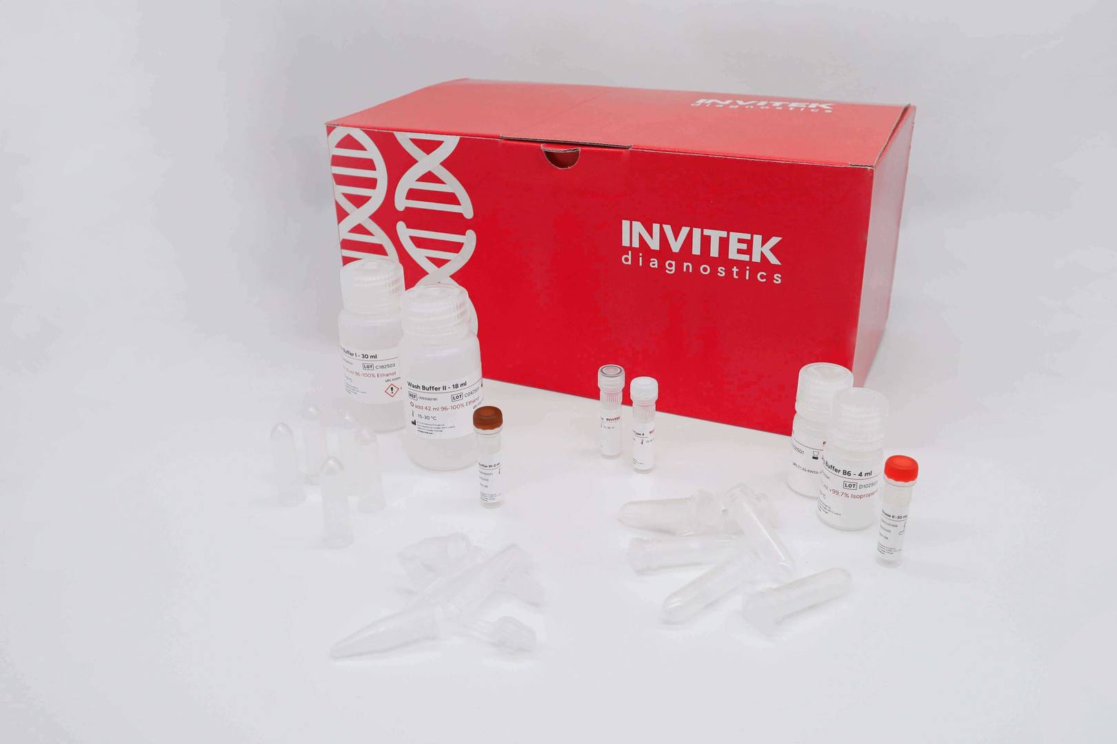 Red Invitek Diagnostics InviSorb Spin Forensic Kit box with various forensic sample icons