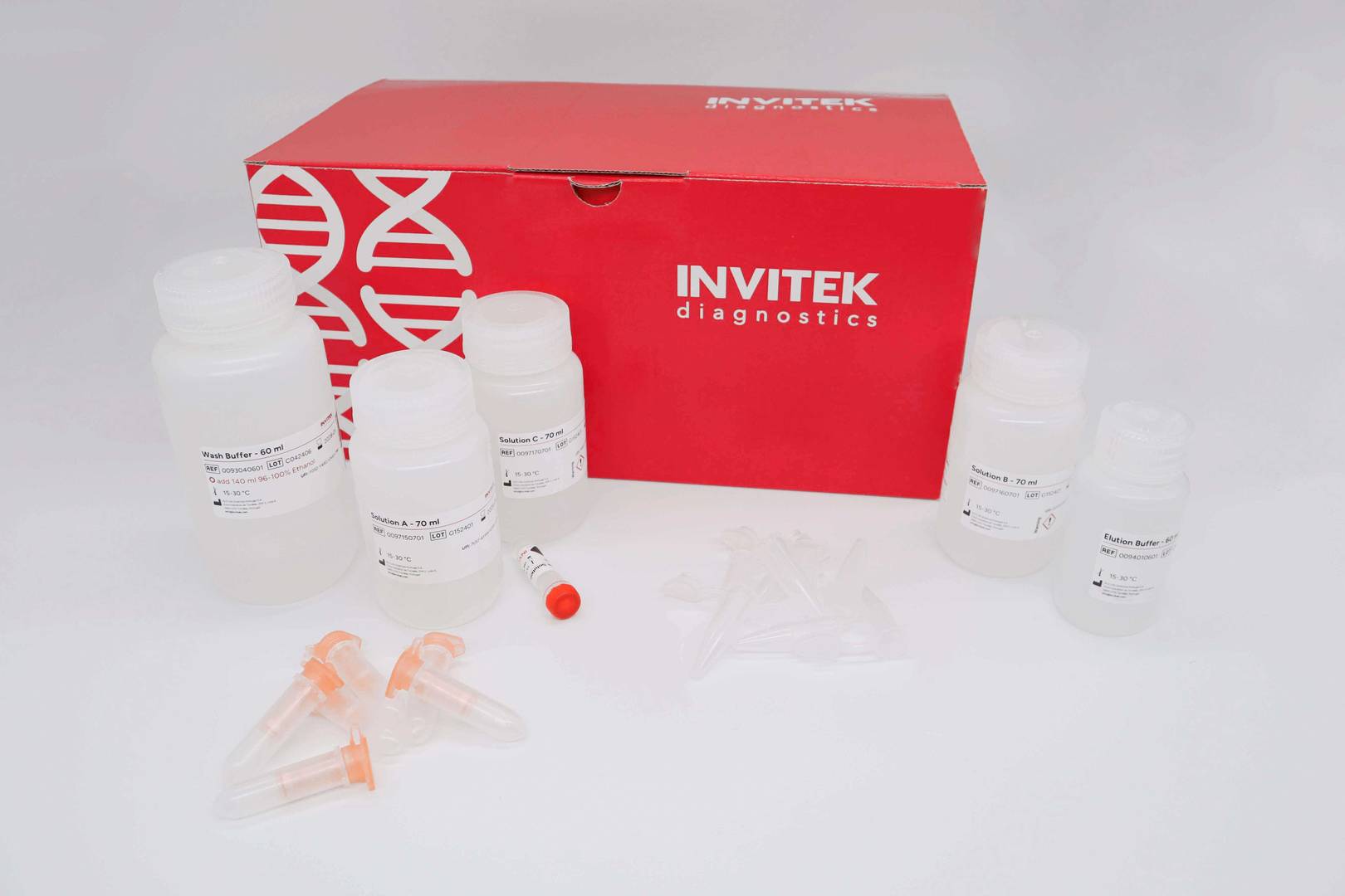 Red Invitek Diagnostics InviSorb Spin Plasmid Miniprep Kit box with reagent bottles and orange spin filters in front.