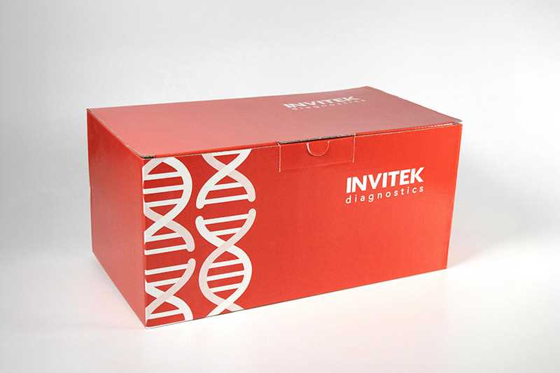 Red Invitek Diagnostics InviSorb Spin Plasmid Miniprep Kit box with reagent bottles and orange spin filters in front.