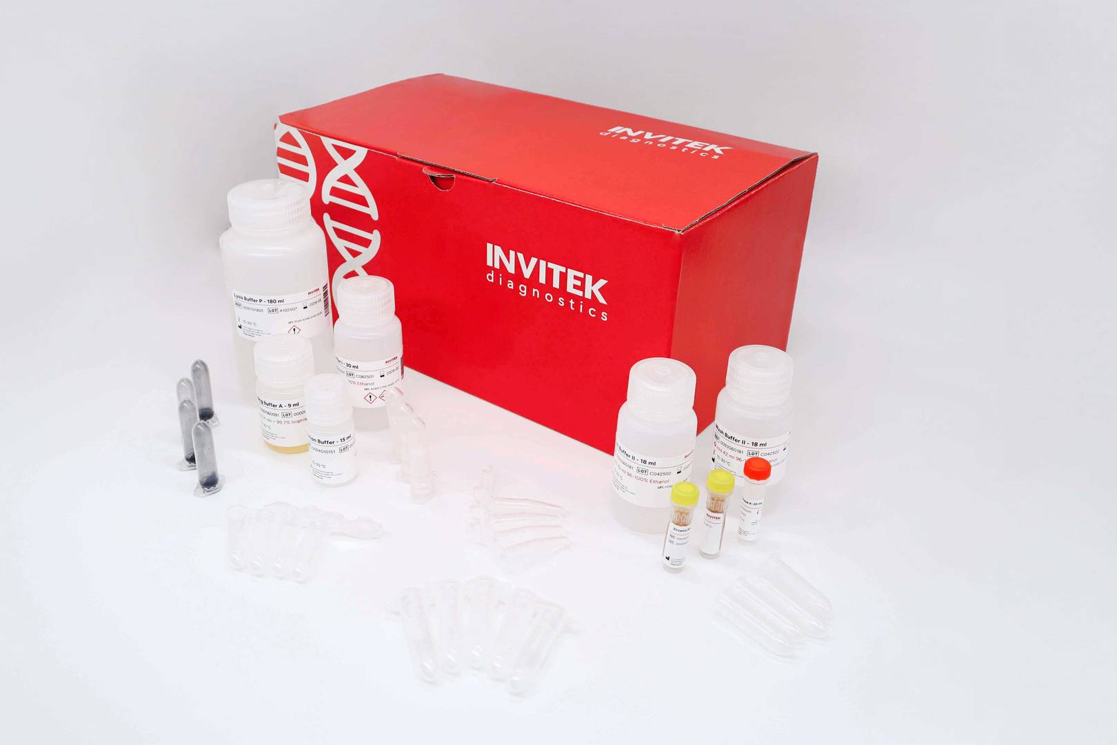 Red Invitek Diagnostics InviSorb Spin Soil DNA Kit box with reagent bottles, labelled tubes, and spin filters.