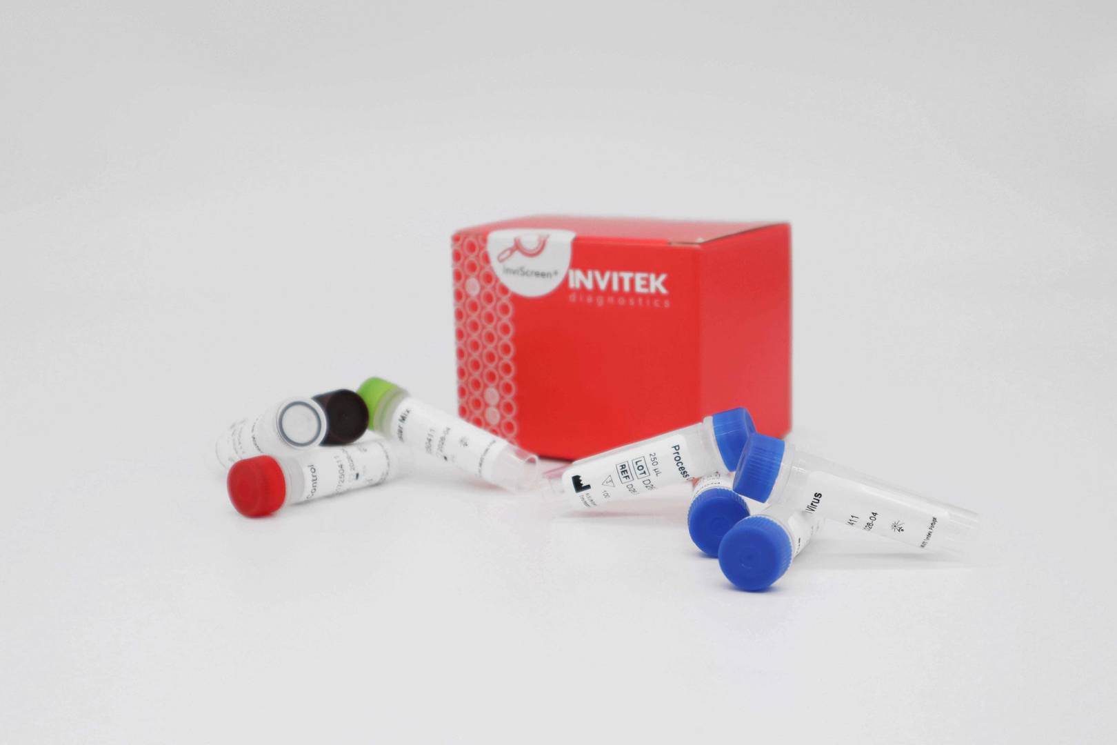 Box packaging of the InviScreen® Norovirus Detection Kit with reagents for genogroup I and II, including process control virus.