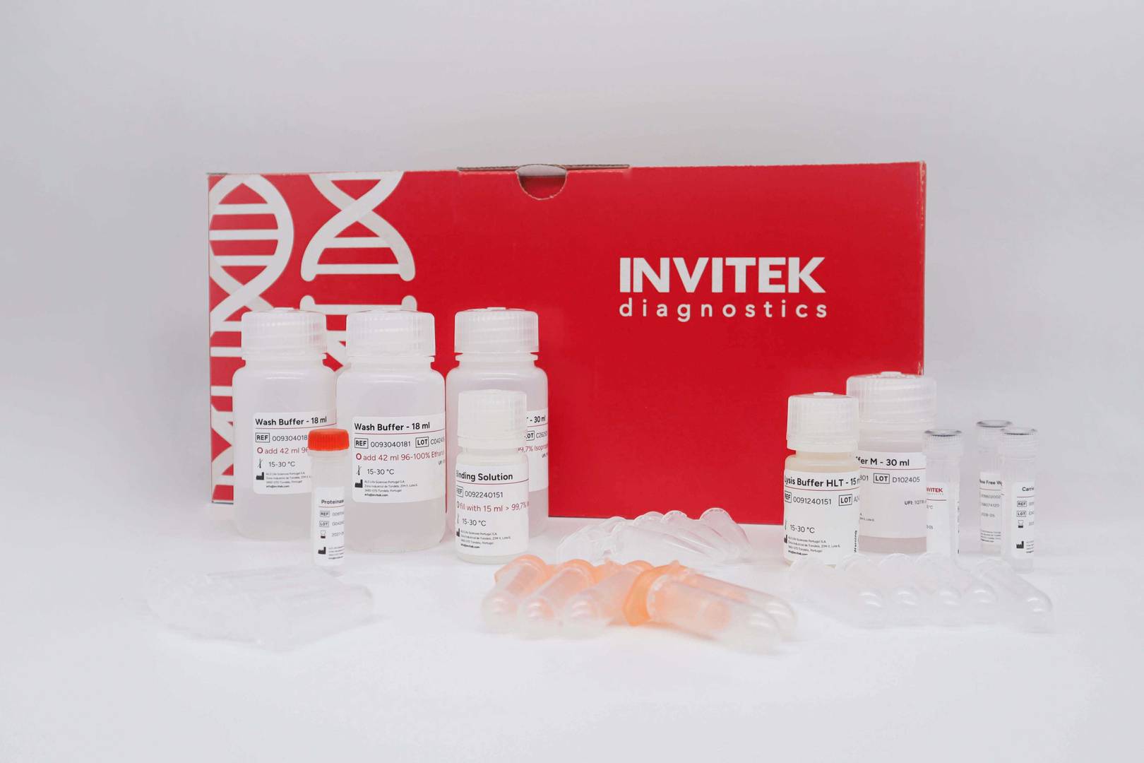 InviSorb® Spin Universal Kit box with reagents and tubes for pathogen DNA and RNA extraction from clinical samples.