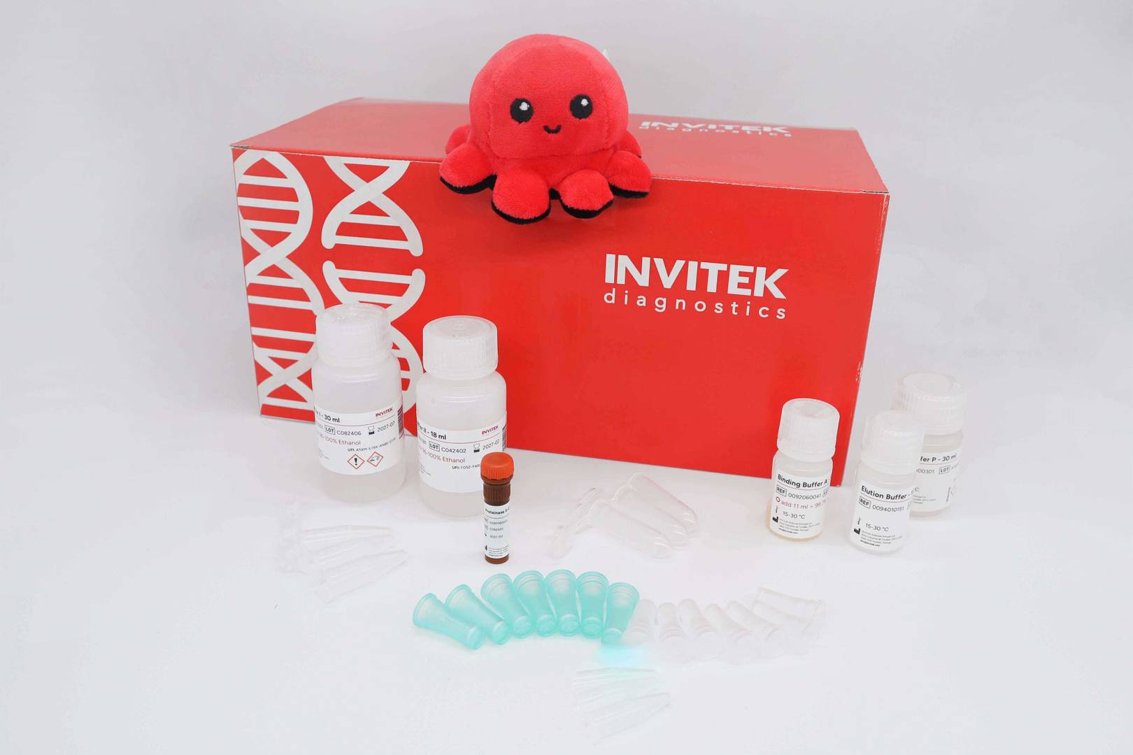 Red Invitek Diagnostics InviSorb Spin Plant Mini Kit box with reagent bottles, green spin columns, and tubes in front.